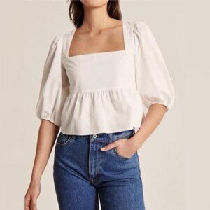 Abercrombie & Fitch White Puff Sleeve Square Neck Top Womens Size Large Blouse L